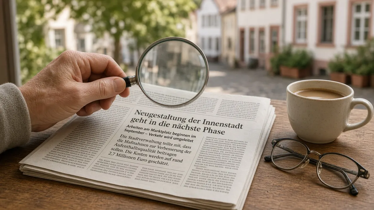 Hand mit Lupe über Zeitung auf Cafétisch
